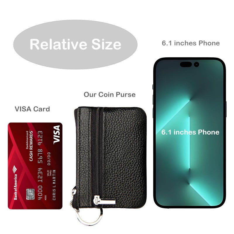 Hibate Black Small Leather Coin Purse Change Pouch for Women Men Kids with Zip Key Ring - Image 4